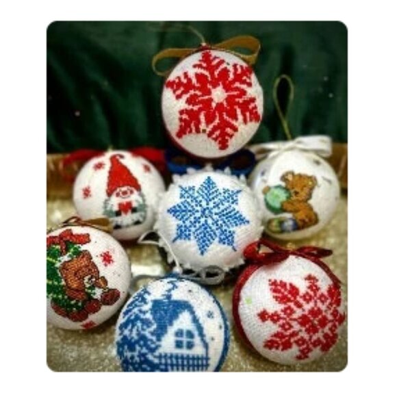 Handmade Christmas Ornament with Red Cross-Stitch Snowflake – Holiday Tree Decor - Picture 5 of 6